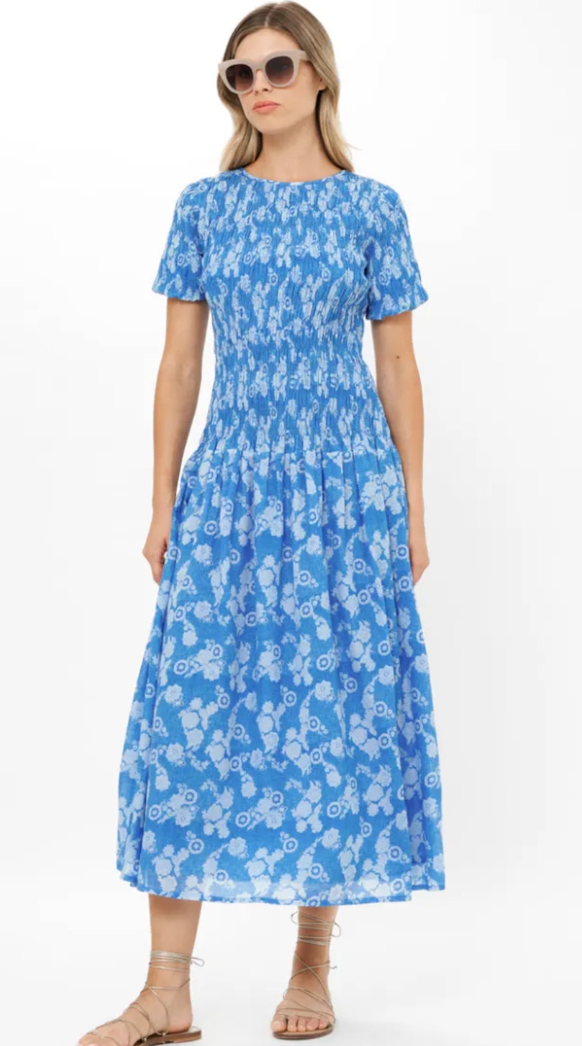 Oliphant Tuckernuck Smocked Drop Waist Maxi Midi Dress Block Print Pretoria Navy